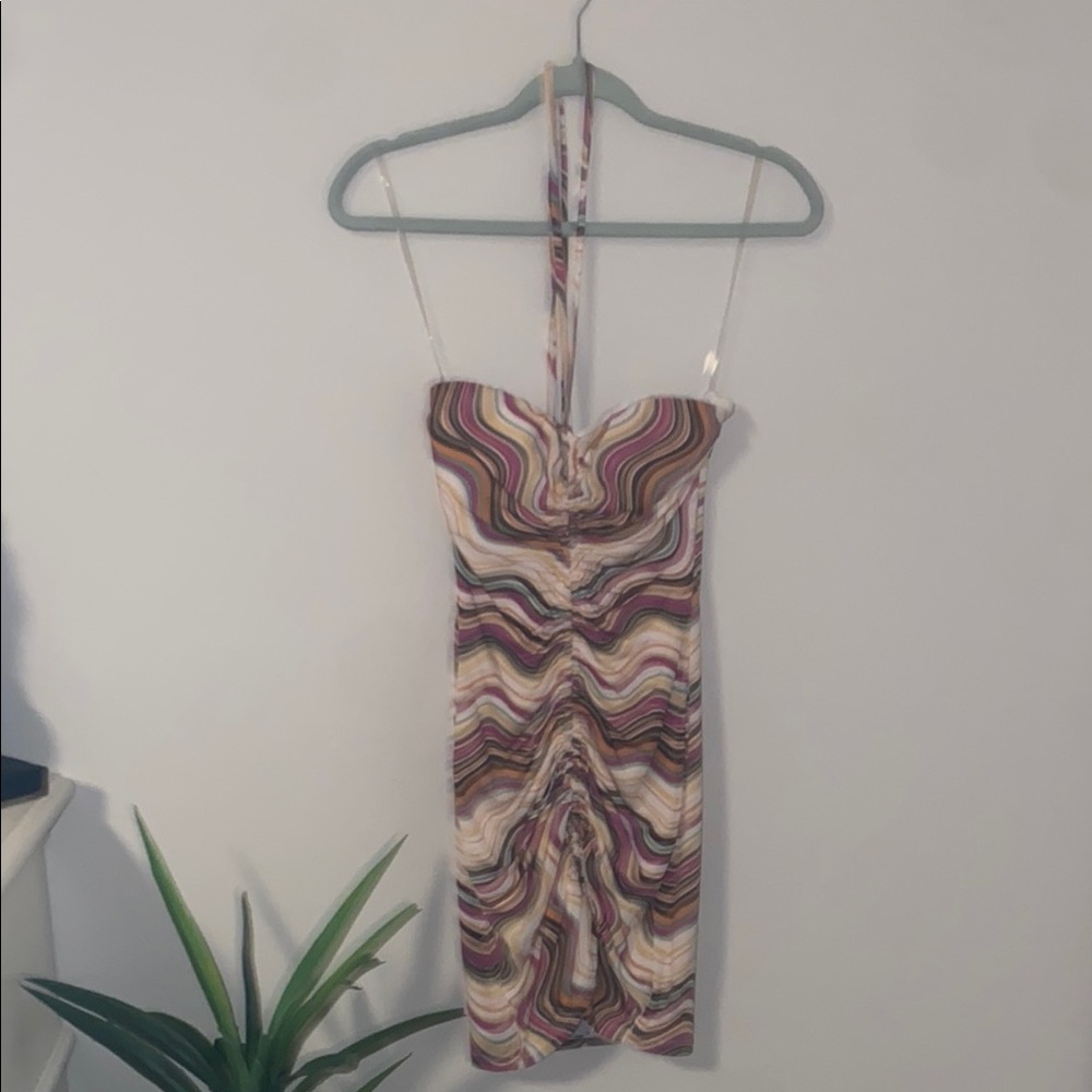 Brown and Cream Ruched Bodycon Mini Dress